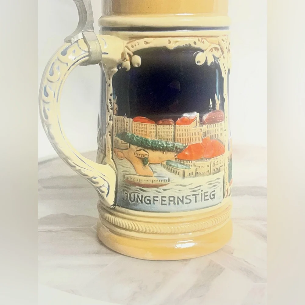 Vintage Hamburg Rathaus Germany Beer Stein Pewter Lid Elbbrücke Jungfernstieg